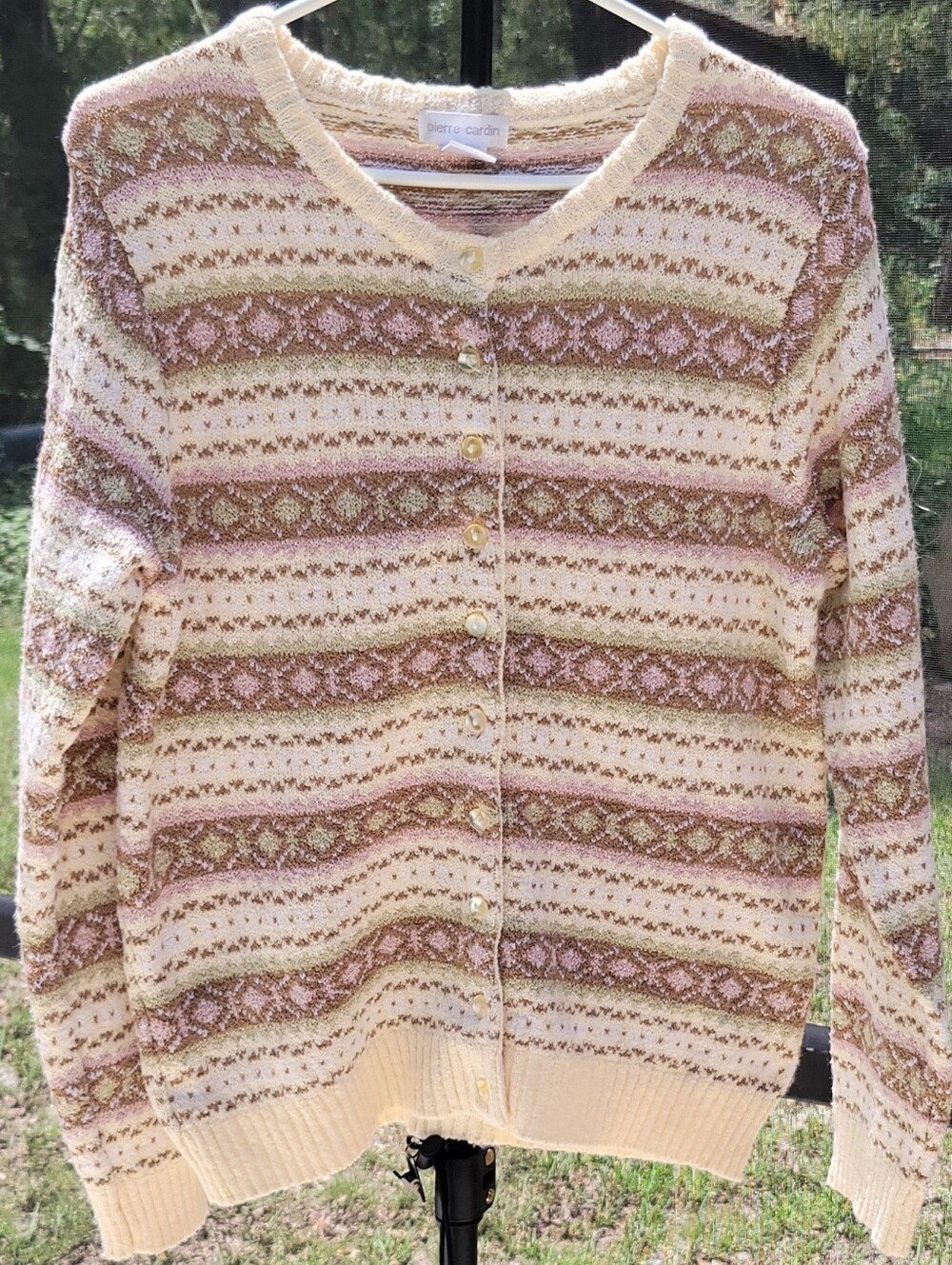 Vintage 90s Pierre Cardin Cardigan M Pastel Fair Isle Knit Grandmacore Sweater